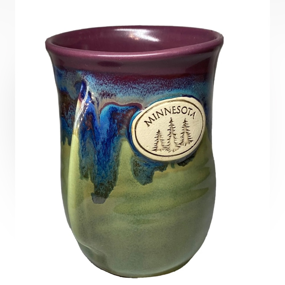 Neher Pottery Hand Warmer Mug Drip Glazed Minnesota Cup, Signed 2012 Blue Purple